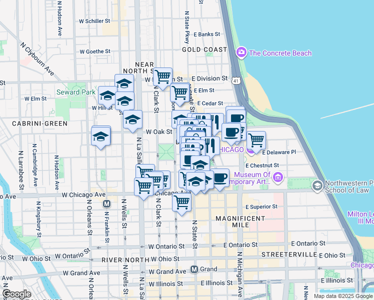 map of restaurants, bars, coffee shops, grocery stores, and more near 2 West Delaware Place in Chicago