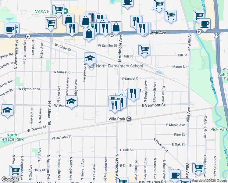 map of restaurants, bars, coffee shops, grocery stores, and more near 510 North Ardmore Avenue in Villa Park