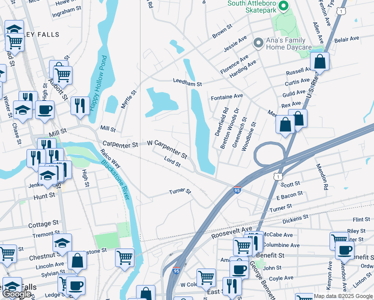 map of restaurants, bars, coffee shops, grocery stores, and more near 54 Pond Street in Attleboro