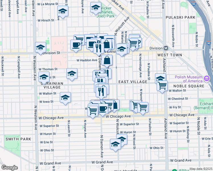 map of restaurants, bars, coffee shops, grocery stores, and more near 956 North Winchester Avenue in Chicago