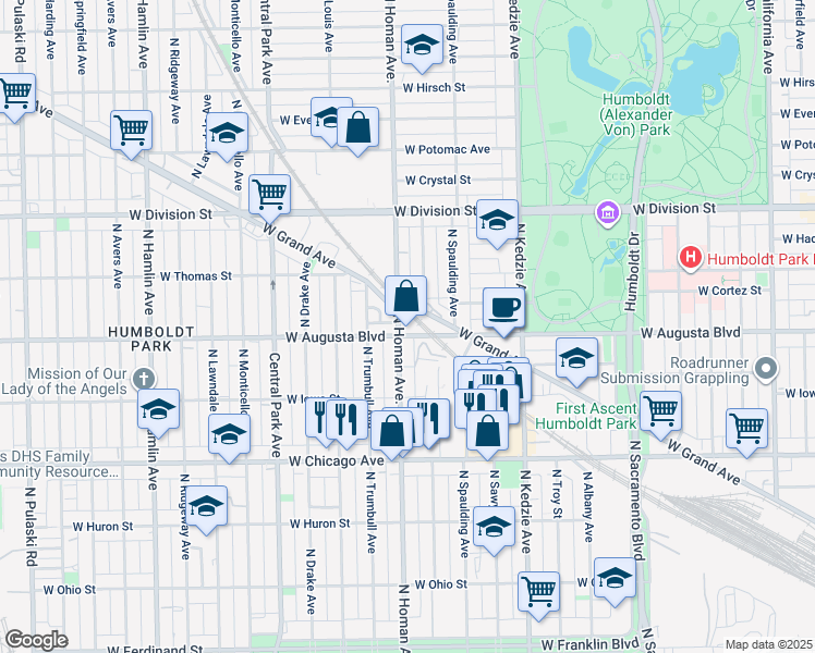map of restaurants, bars, coffee shops, grocery stores, and more near 3342 West Augusta Boulevard in Chicago