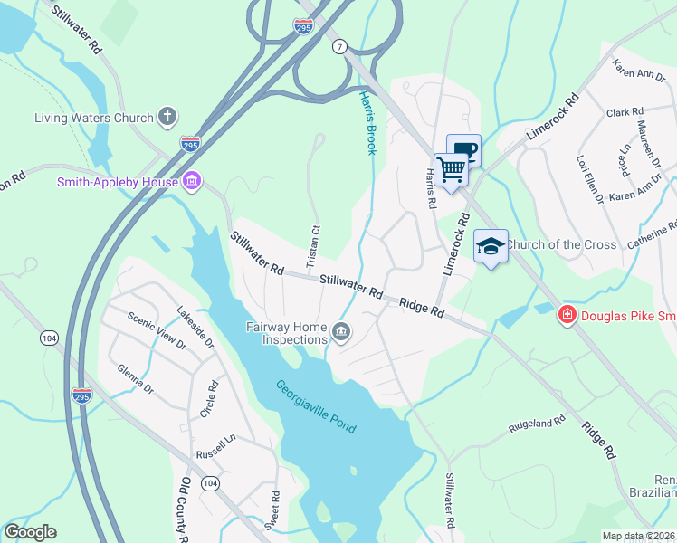map of restaurants, bars, coffee shops, grocery stores, and more near 155 Stillwater Road in Smithfield