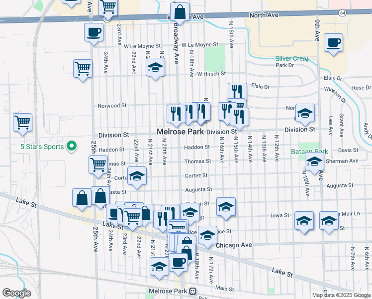 map of restaurants, bars, coffee shops, grocery stores, and more near 1319 North 19th Avenue in Melrose Park