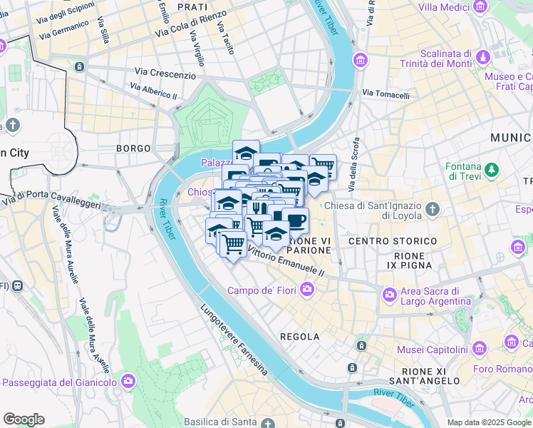 map of restaurants, bars, coffee shops, grocery stores, and more near 9 Via di Monte Giordano in Rome