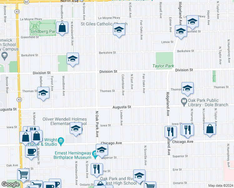 map of restaurants, bars, coffee shops, grocery stores, and more near 734 Linden Avenue in Oak Park