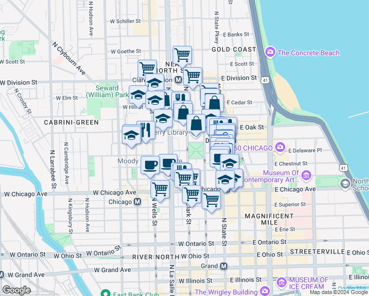 map of restaurants, bars, coffee shops, grocery stores, and more near 100 W Delaware Pl in Chicago