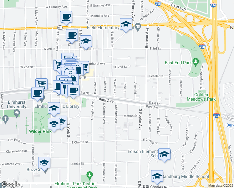 map of restaurants, bars, coffee shops, grocery stores, and more near 107 North Willow Road in Elmhurst