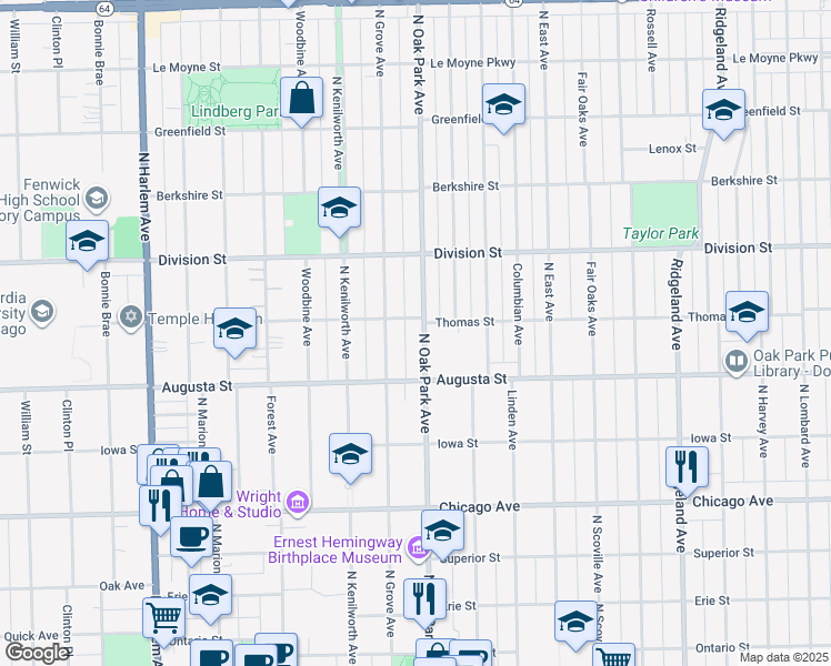 map of restaurants, bars, coffee shops, grocery stores, and more near 737 North Oak Park Avenue in Oak Park