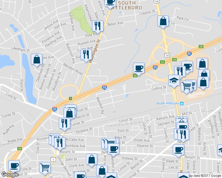 map of restaurants, bars, coffee shops, grocery stores, and more near 60 Norton Street in Attleboro