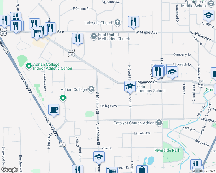 map of restaurants, bars, coffee shops, grocery stores, and more near 1124 Williams Street in Adrian