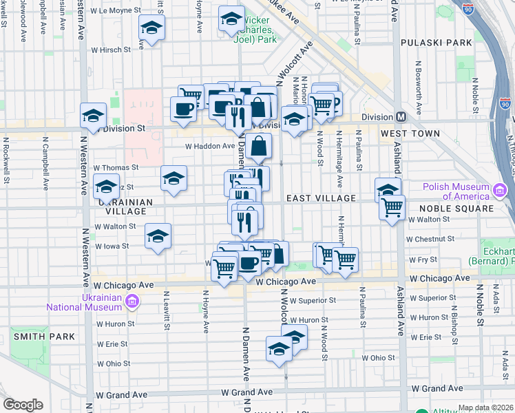 map of restaurants, bars, coffee shops, grocery stores, and more near 1945 West Augusta Boulevard in Chicago