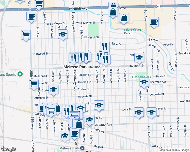 map of restaurants, bars, coffee shops, grocery stores, and more near 1318 North 16th Avenue in Melrose Park