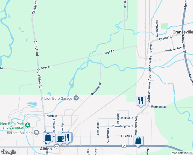map of restaurants, bars, coffee shops, grocery stores, and more near 10058 Bessemer Rd in Cranesville