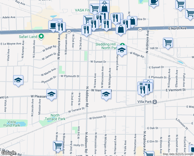 map of restaurants, bars, coffee shops, grocery stores, and more near 513 North Iowa Avenue in Villa Park