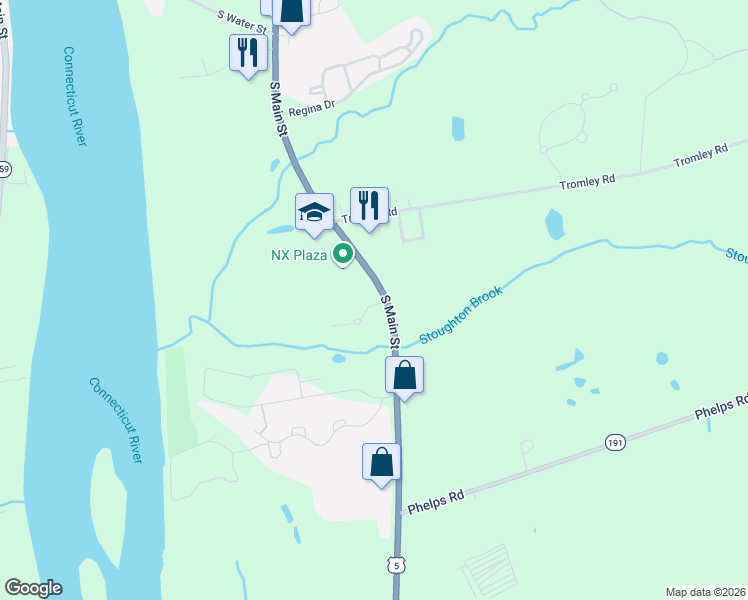 map of restaurants, bars, coffee shops, grocery stores, and more near 2 Masons Brook Lane in East Windsor