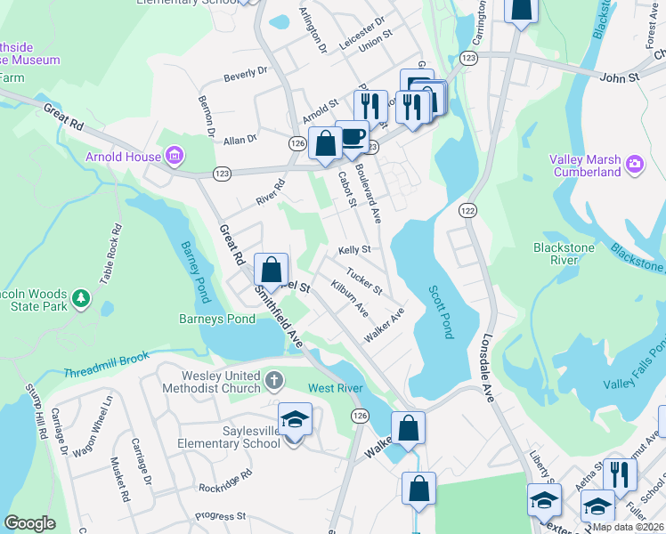 map of restaurants, bars, coffee shops, grocery stores, and more near 72 Tucker Street in Lincoln