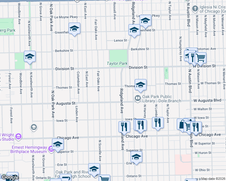 map of restaurants, bars, coffee shops, grocery stores, and more near 734 North Elmwood Avenue in Oak Park