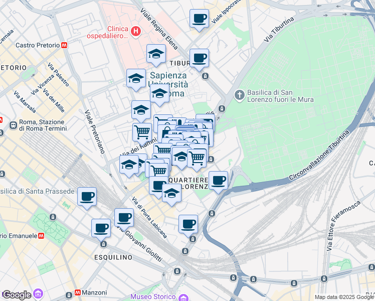 map of restaurants, bars, coffee shops, grocery stores, and more near 171 Via Tiburtina in Roma