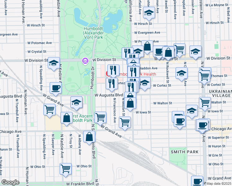 map of restaurants, bars, coffee shops, grocery stores, and more near 1003 North Francisco Avenue in Chicago