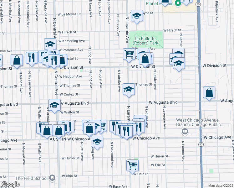 map of restaurants, bars, coffee shops, grocery stores, and more near 1030 North Latrobe Avenue in Chicago