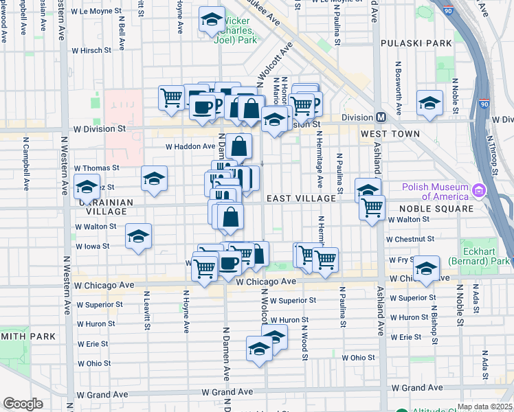 map of restaurants, bars, coffee shops, grocery stores, and more near 958 North Wolcott Avenue in Chicago