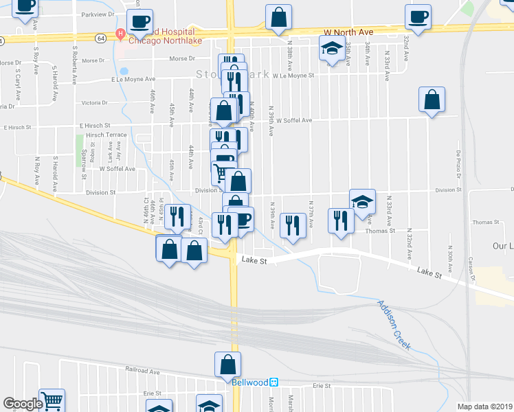 map of restaurants, bars, coffee shops, grocery stores, and more near 1547 North 40th Avenue in Stone Park