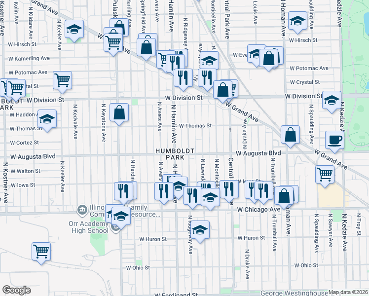map of restaurants, bars, coffee shops, grocery stores, and more near 1015 North Ridgeway Avenue in Chicago