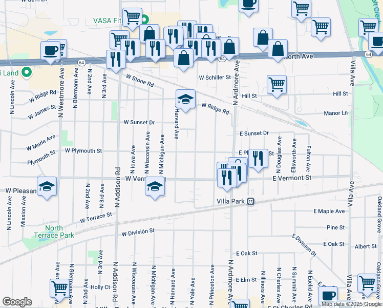 map of restaurants, bars, coffee shops, grocery stores, and more near 203 West Plymouth Street in Villa Park