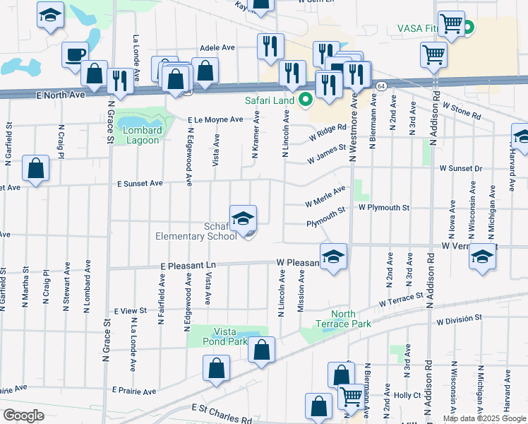 map of restaurants, bars, coffee shops, grocery stores, and more near 512 Westwood Avenue in Lombard