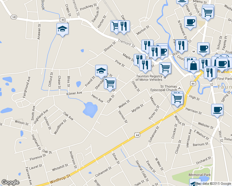 map of restaurants, bars, coffee shops, grocery stores, and more near Oak St & Kilmer Ave in Taunton