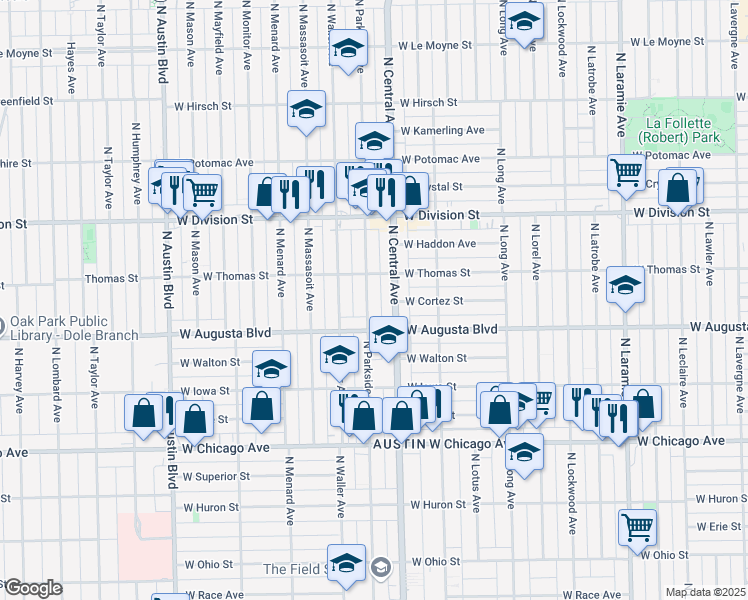 map of restaurants, bars, coffee shops, grocery stores, and more near 1031 North Parkside Avenue in Chicago