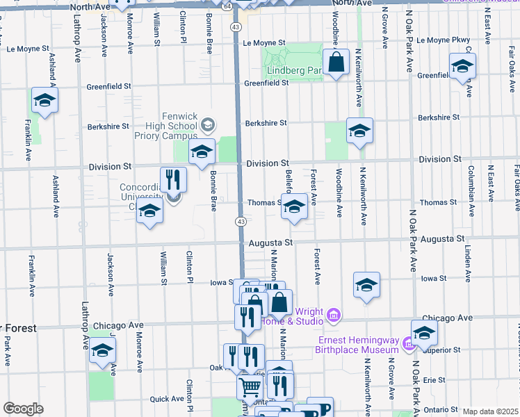 map of restaurants, bars, coffee shops, grocery stores, and more near 743 North Marion Street in Oak Park