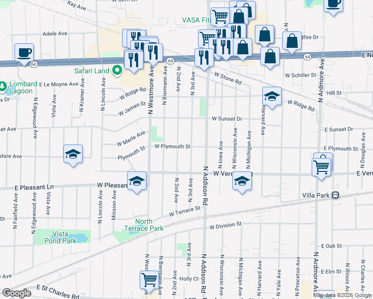 map of restaurants, bars, coffee shops, grocery stores, and more near 512 North 3rd Avenue in Villa Park