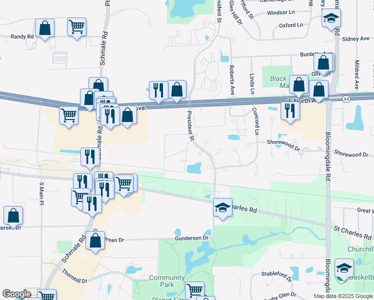 map of restaurants, bars, coffee shops, grocery stores, and more near 674 Hearth Lane in Carol Stream
