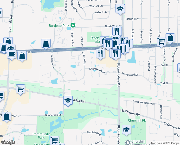 map of restaurants, bars, coffee shops, grocery stores, and more near 1112 Kingston Court in Glendale Heights