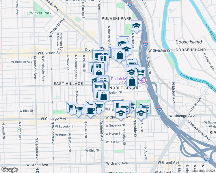 map of restaurants, bars, coffee shops, grocery stores, and more near 1537 West Augusta Boulevard in Chicago
