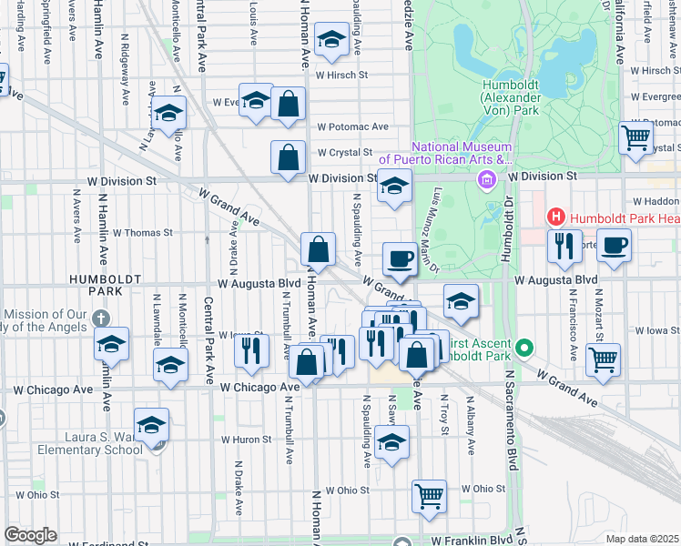 map of restaurants, bars, coffee shops, grocery stores, and more near 1000 North Spaulding Avenue in Chicago