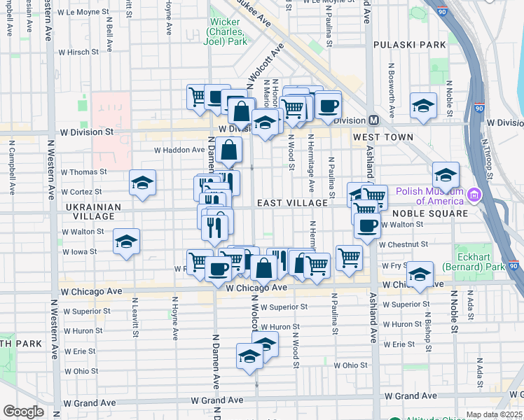map of restaurants, bars, coffee shops, grocery stores, and more near 959 North Honore Street in Chicago