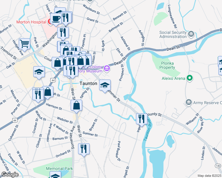 map of restaurants, bars, coffee shops, grocery stores, and more near 58 Summer Street in Taunton