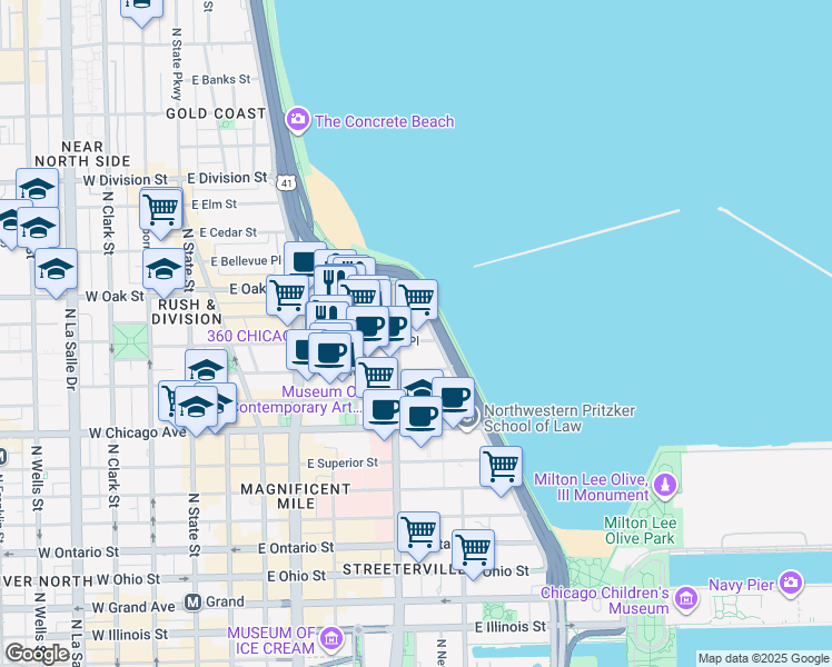 map of restaurants, bars, coffee shops, grocery stores, and more near 900 North Lake Shore Drive in Chicago