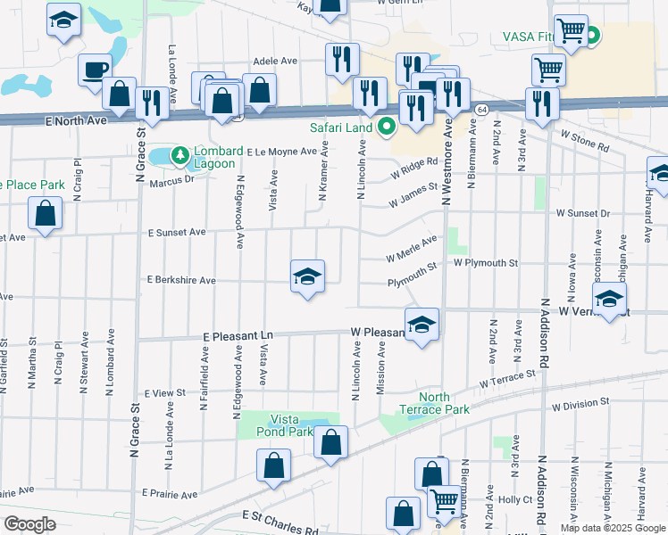 map of restaurants, bars, coffee shops, grocery stores, and more near 512 Westwood Avenue in Lombard
