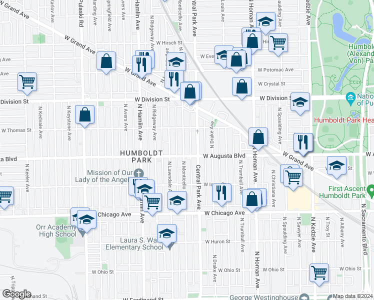 map of restaurants, bars, coffee shops, grocery stores, and more near 1011 North Monticello Avenue in Chicago