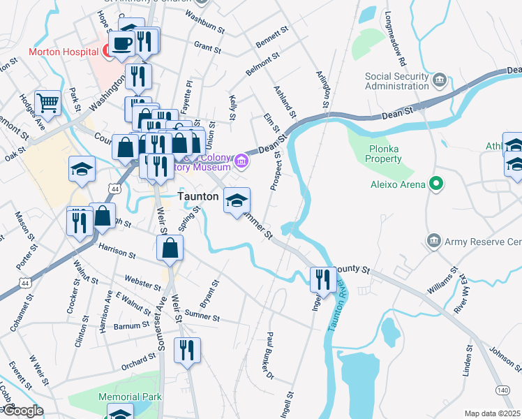 map of restaurants, bars, coffee shops, grocery stores, and more near 58 Summer Street in Taunton