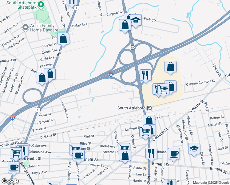 map of restaurants, bars, coffee shops, grocery stores, and more near 6 11 Red Oak Park in Attleboro