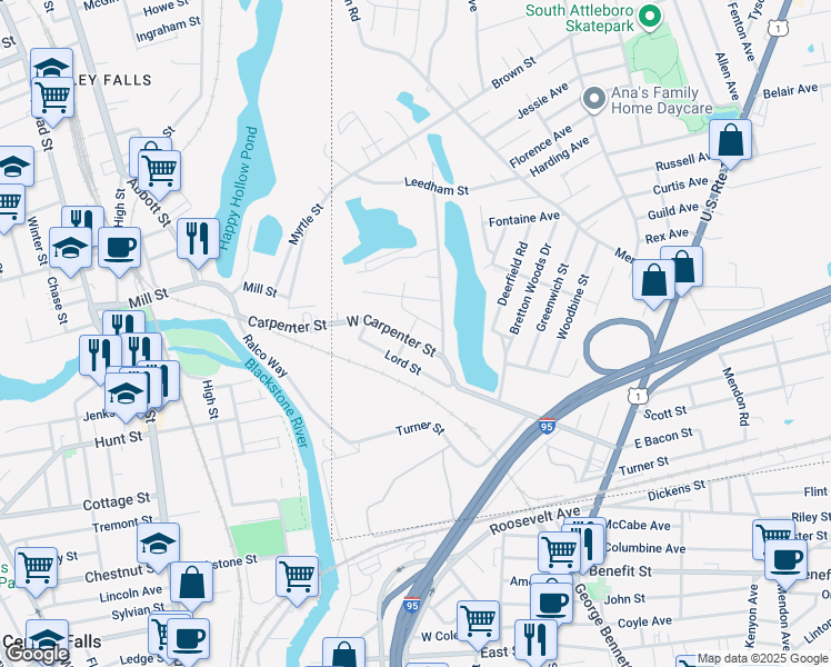 map of restaurants, bars, coffee shops, grocery stores, and more near 54 Pond Street in Attleboro