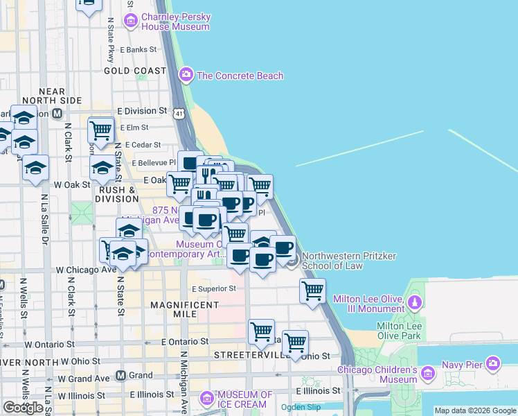 map of restaurants, bars, coffee shops, grocery stores, and more near 900 North Lake Shore Drive in Chicago