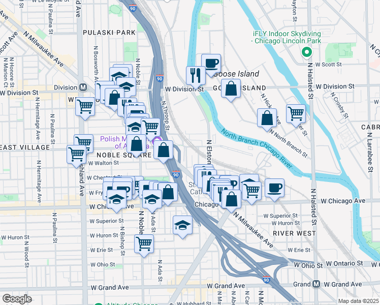 map of restaurants, bars, coffee shops, grocery stores, and more near 951 North Willard Court in Chicago