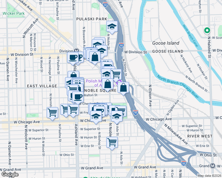 map of restaurants, bars, coffee shops, grocery stores, and more near in Chicago