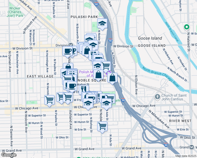 map of restaurants, bars, coffee shops, grocery stores, and more near 952 North Noble Street in Chicago