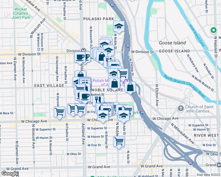 map of restaurants, bars, coffee shops, grocery stores, and more near in Chicago